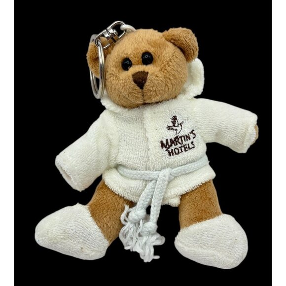 Martins Hotel Bear Keychain Plush Soft Stuffed Animal in White Robe Slippers - Picture 1 of 6